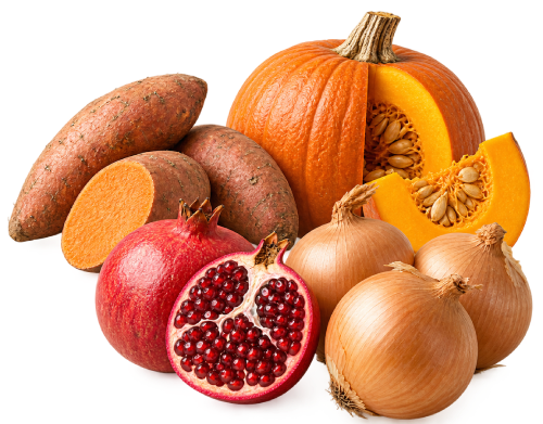 Patate dolci, zucca, melograni e cipolle