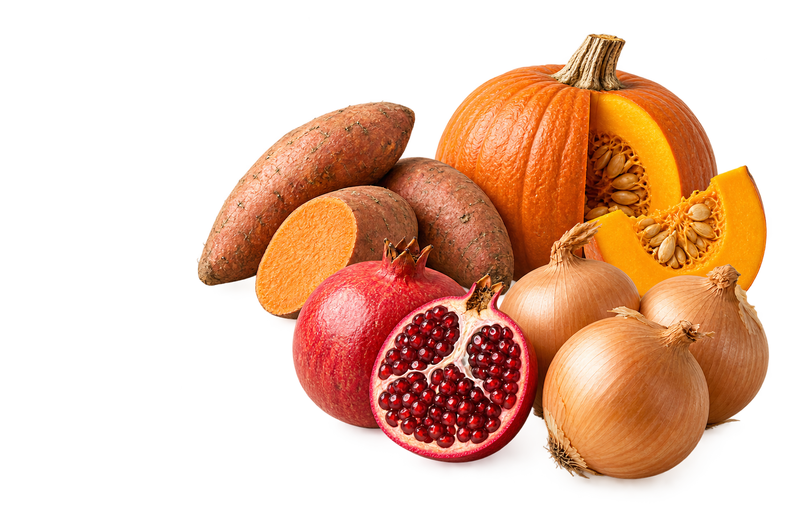 Patate dolci, zucca, melograni e cipolle
